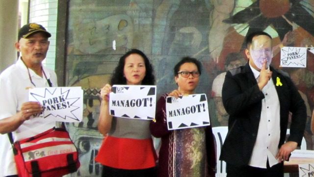 From L to R: Jun Cruz, urban poor community leader in UP; Joyce Cuaresma, UP NCPAG Prof; Bebot Sanchez, UP Cebu Associate Prof.; a performer dressed as President Aquino. Leaders of CONTEND and All-UP Academic Workers are also in UP FacPork. (Photo by M. Salamat / bulatlat.com)
