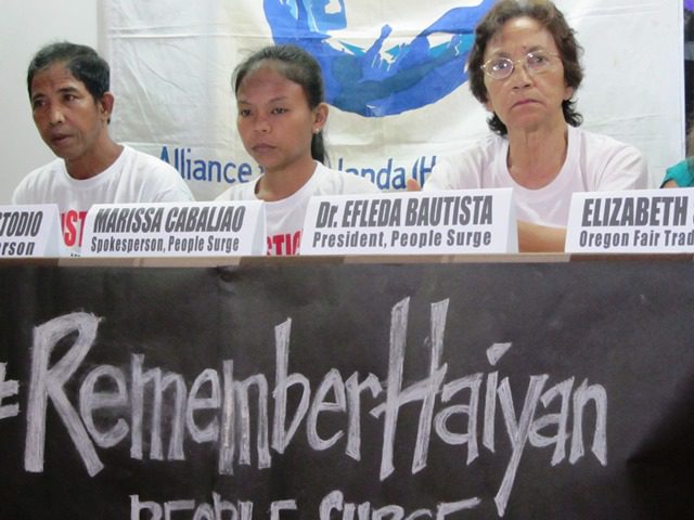L to R: Rodolfo Custodio, father of Jefferson, a People Surge volunteer allegedly killed by the military; Marissa Cabaljao, spokesperson of People Surge; and Dr. Elfleda Bautista, chairman of People Surge. (Photo by M. Salamat)