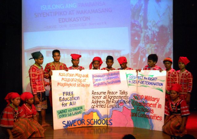 Students of the Salugpongan Ta’Tanu Igkanugon Community Learning Center, Inc. (STTICLCI), teachers and community leaders have traveled from Davao Del Norte to Manila to redress their grievances to the government. (Photo by A. Umil/ Bulatlat.com)
