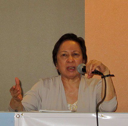 Connie Ledesma, a member of the National Democratic Front of the Philippines (NDFP) peace panel, calls on the government to respect all previously signed agreements in a forum, April 8. (Photo by Ronalyn V. Olea / Bulatlat.com)