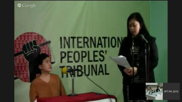 Women's rights advocate Liza Maza testifies via Skype after being barred from travelling to the US. 