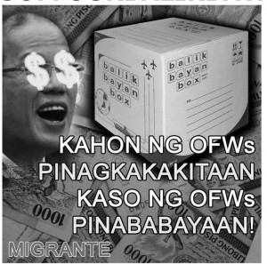 SEEING DOLLARS: OFW group Migrante depicts the latest in the list of impositions on migrant Filipinos. 
