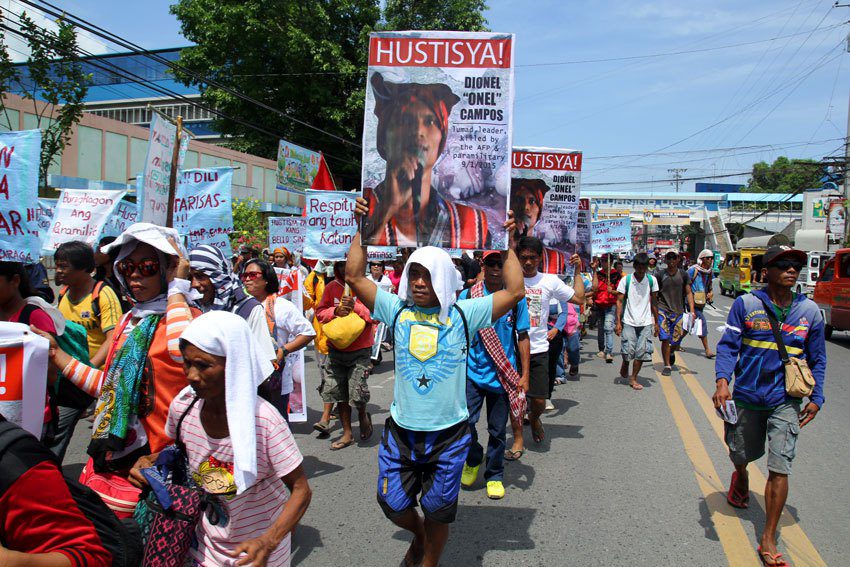 More than 10,000 people from different regions in Mindanao join the funeral march for Emerito Samarca, Dionel Campos, and Datu Jovello Sinzo who were killed by the Magahat-Bagani Force last September 1. The militia group is allegedly created by the Army.