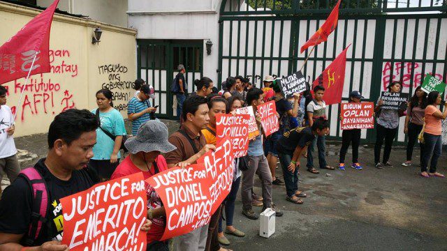 Protest by youth groups at Camp Aguinaldo gate (Photo courtesy of Anakbayan/Bulatlat,com)