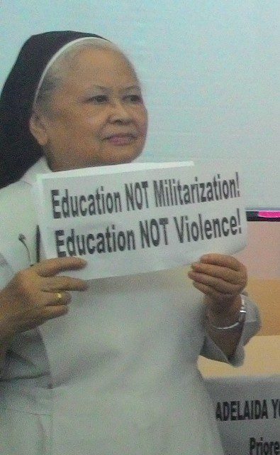 Sr. Mary James Mujar, OSB calls for justice for the killed leaders and educator in Han-ayan, Lianga, Surigao del Sur. (Photo by A. Umil/ Bulatlat.com)
