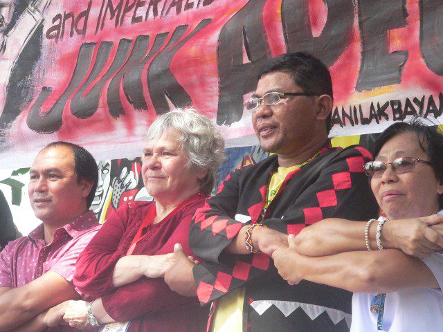 L to R: Fr. Joey Echano, Lyn Meza of ILPS and Chelsea Unity against War, Jomorito Goaynon of Sulong Katribu partylist, and Sr. Ma. Luz Mallo of Samin (Photo by D. Ayroso/Bulatlat.com)