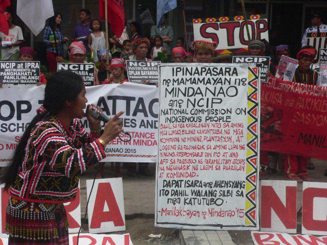 Lumad leader Minda Dalinan at the protest at NCIP (Photo by D.Ayroso/Bulatlat.com)