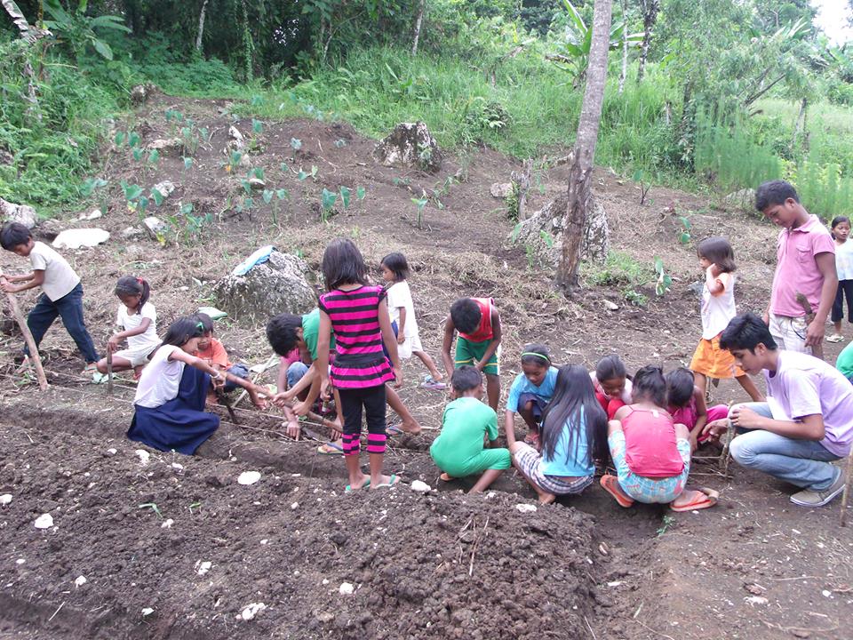 Elementary school children from TRIFPSS tilling a plot for their vegetable and medicinal plant garden. Photo from TRIFPS facebook.