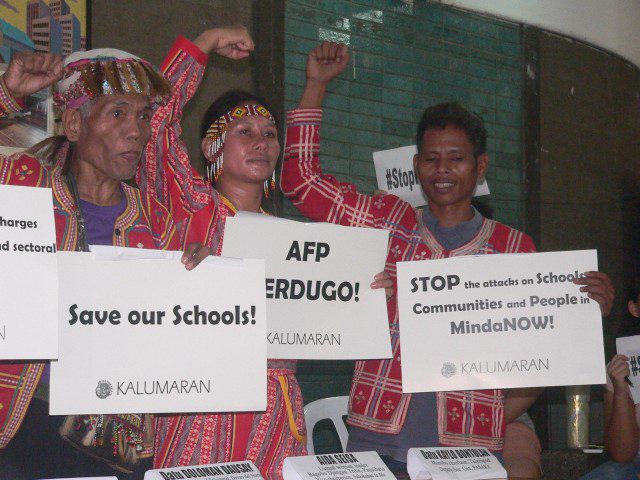 L to R: Datu Doloman Dausay, Bai Aida Seisa and Datu Kailo Bontulan at the press conference in UP Diliman on Sept. 22. (Photo by D.Ayroso/Bulatlat.com)