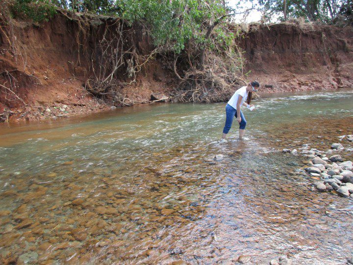 A member of the NFFSM takes a sample from upstream Sta. Cruz river. The scoured riverbank can be seen in the backgroud. (Contributed photo)