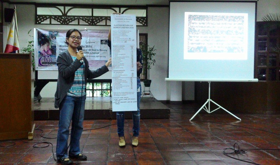 In a mock election held during the Ulat Lila 2016 report, top demands of women are economic security, health and education. (Photo by A. Umil/ Bulatlat)