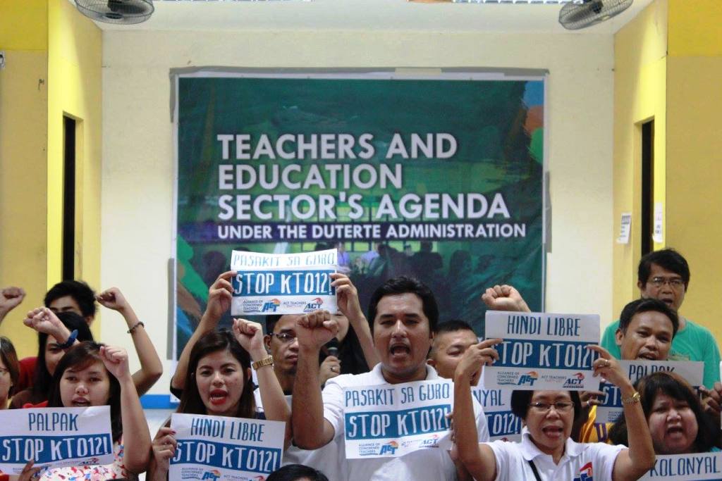 Public school teachers under the Alliance of Concerned Teachers pose their eight-point agenda to President-elect Rodrigo Duterte. (Contributed photo)