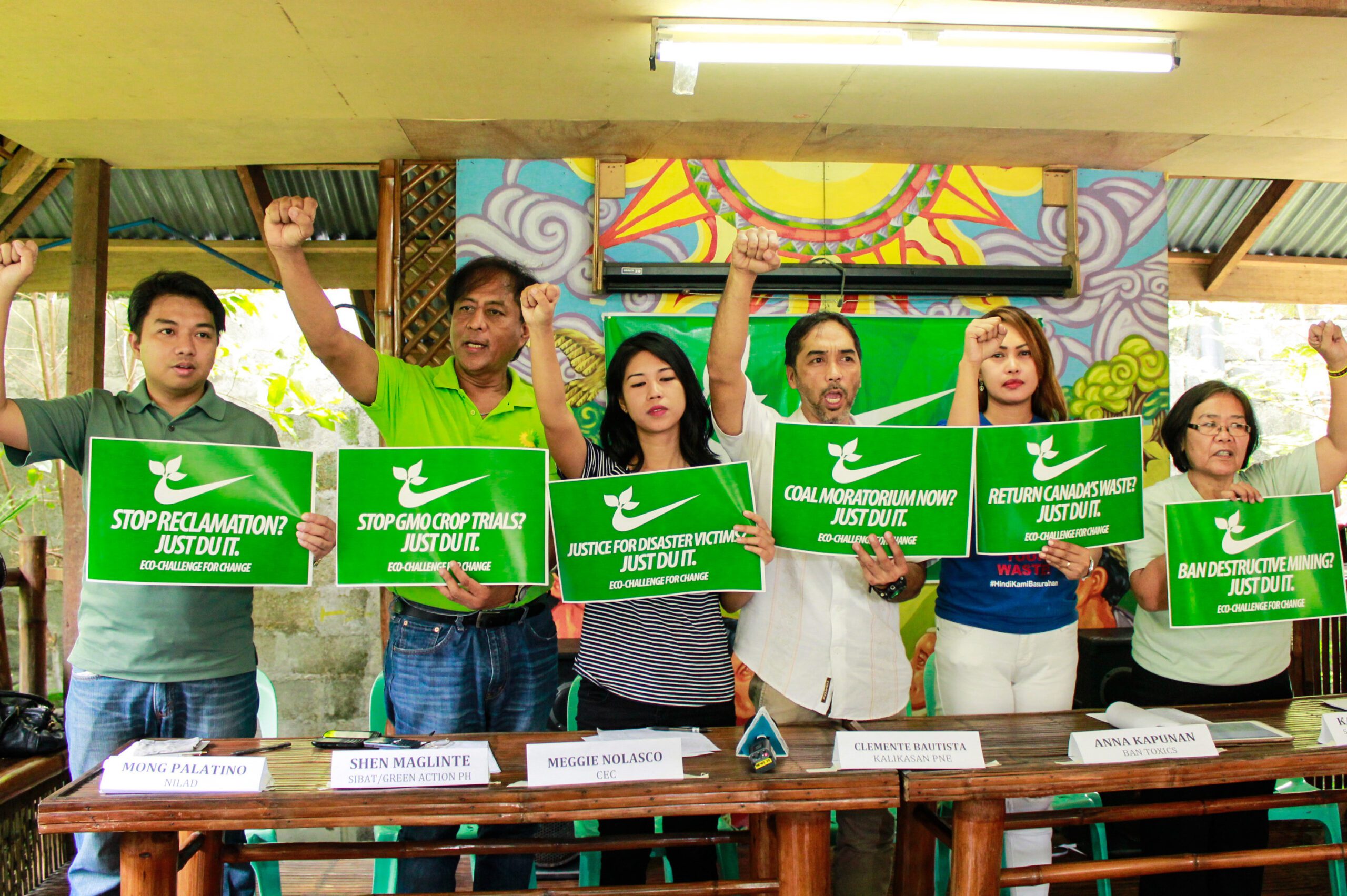 L to R: Mong Palatino of Bayan-NCR/Nilad, Shen Maglinte of Sibat/Green Action Ph, Meggie Nolasco of CEC, Clemente Bautista of Kalikasan-PNE, Anna Kapunan of BAN Toxics, and Kakay Tolentino of BAI/Scrap the Mining Act Alliance (Photo by K.A.Macalalad/Bulatlat)