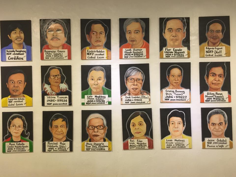 Portraits of the 18 detained NDFP peace consultants, made by recently-freed youth activist Voltaire Guray.  He made the painting while in jail in Camp Bagong Diwa, Taguig City. (Contributed photo)