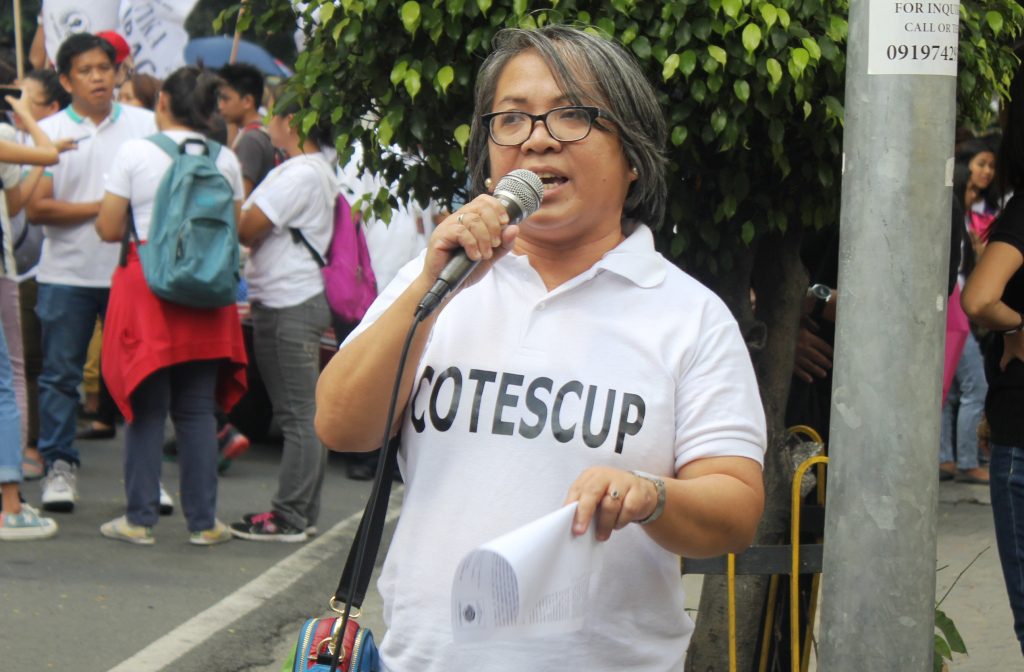 BULATLAT FILE PHOTO. Renowned poet and literature professor Rebecca Añonuevo during a protest action in the Supreme Court last February. She has been teaching in Miriam College for the past 19 years. (Photo by A. Umil/ Bulatlat)