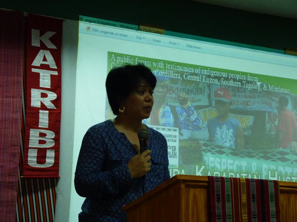 IPMSDL global coordinator Beverly Longid at the forum "Land, rights and justice" on World Indigenous People's Day held at the College of the Holy Spirit in Manila (Photo courtesy of Mark Ambay)