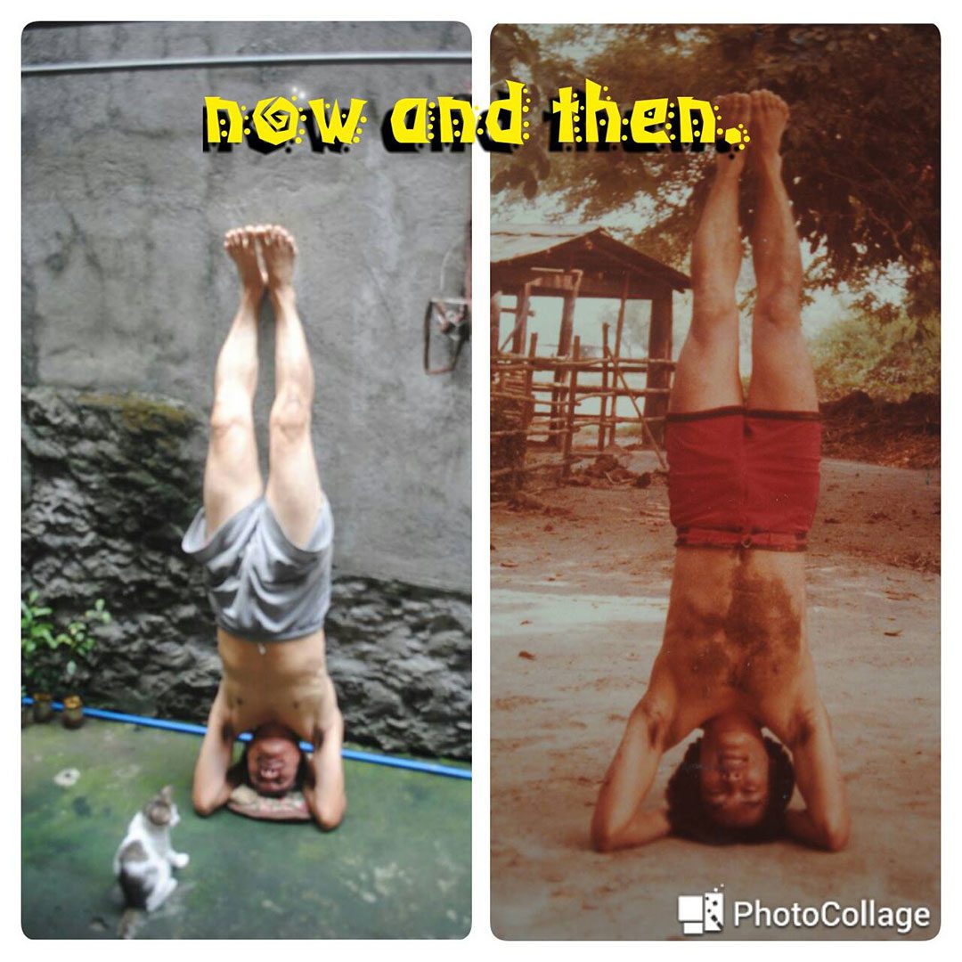 Yoga has helped Lito Ocampo fight mental stress. Left photo was taken in August this year. Right photo shows Ocampo doing a head stand sometime in 1983. (Contributed photo) 