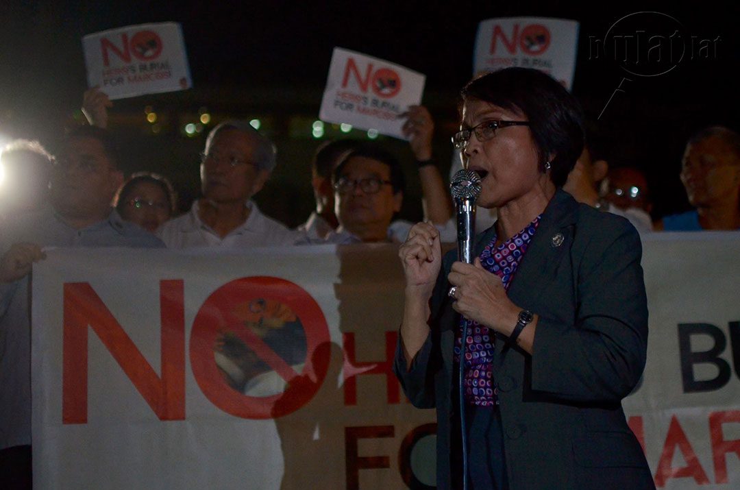 Gabriela Women's Party Rep. Emmi de Jesus slams the Marcoses for bastardizing the words "hero" and "justice." (Photo by Loi Manalansan / Bulatlat)