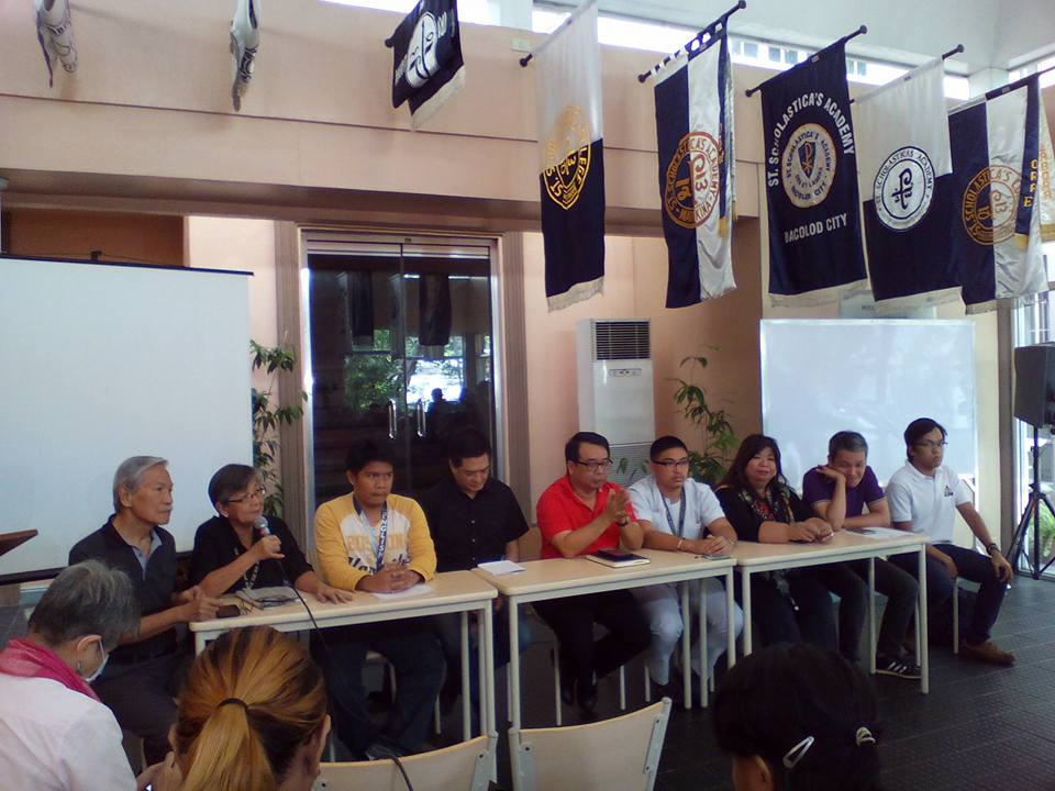 At the Nov. 23 media briefing on the Luneta Park protest for Nov. 25: (L-R) Satur Ocampo, president of Makabayan Coalition, Edita Burgos, widow of press freedom icon Joe Burgos, John Timothy Rivero, editor-in-chief of The Torch-PNU, Quezon Rep. Erin Tañada, former Bayan Muna Rep. Neri Colmenares of Carmma, Leonard Javier, chairperson of UP Medicine Student Council, and satirist Mae Paner, Bayan secretary general Renato Reyes Jr., and UP Diliman USC chairperson Bryle Leaño (Photo by Mon Ramirez/Arkibong Bayan)