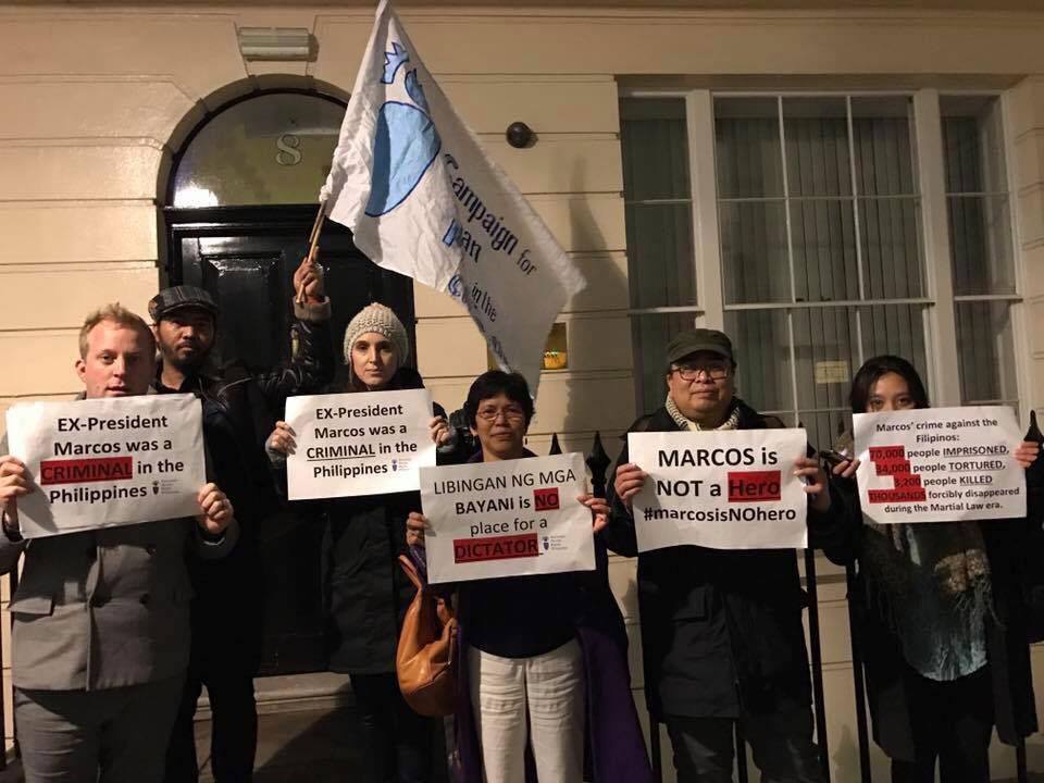 Filipinos and international supporters hold a protest at the Philippine Embassy in London, United Kingdom