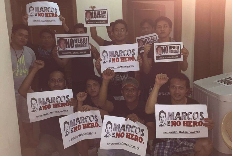 Overseas Filipino workers in Qatar join the Global Day of Action against Marcos's burial at the Libingan ng mga Bayani.