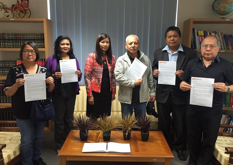 In Sydney, a delegation from Migrante Australia (NSW) presents a statement to Consul Melanie Diano at the Philippine Consulate Sydney. The statement iterates that the real heroes are those who fought against the Marcos dictatorship and those continuing to fight Marcos' legacy of corruption, foreign debt, the US military presence; the overseas Filipino workers whose blood, sweat and tears (their remittances) fuel the Philippine economy; and those who are tirelessly working for peace, giving peace a chance.