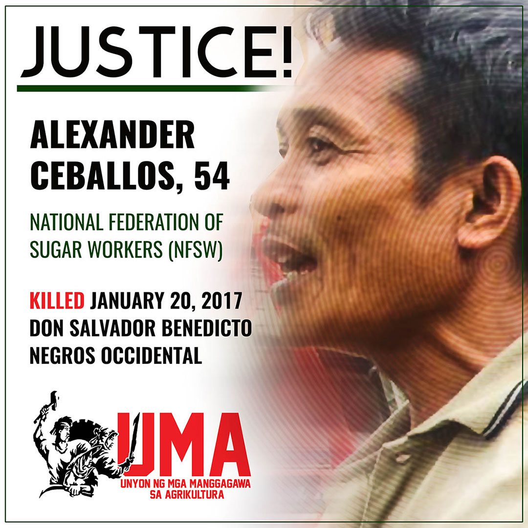 Unyon ng Manggagawa sa Agrikultura (Uma) calls for justice for Alexander Ceballos.