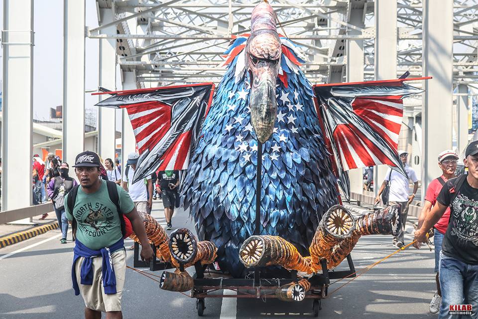 RAPACIOUS. A star-spangled vulture with blood-suckers for claws represented the proletariat's biggest enemy: monopoly capitalism, led by the US. The effigy was not burned, merely "battered" by progressive leaders with replica bolos. (Photo by Kilab Multimedia)