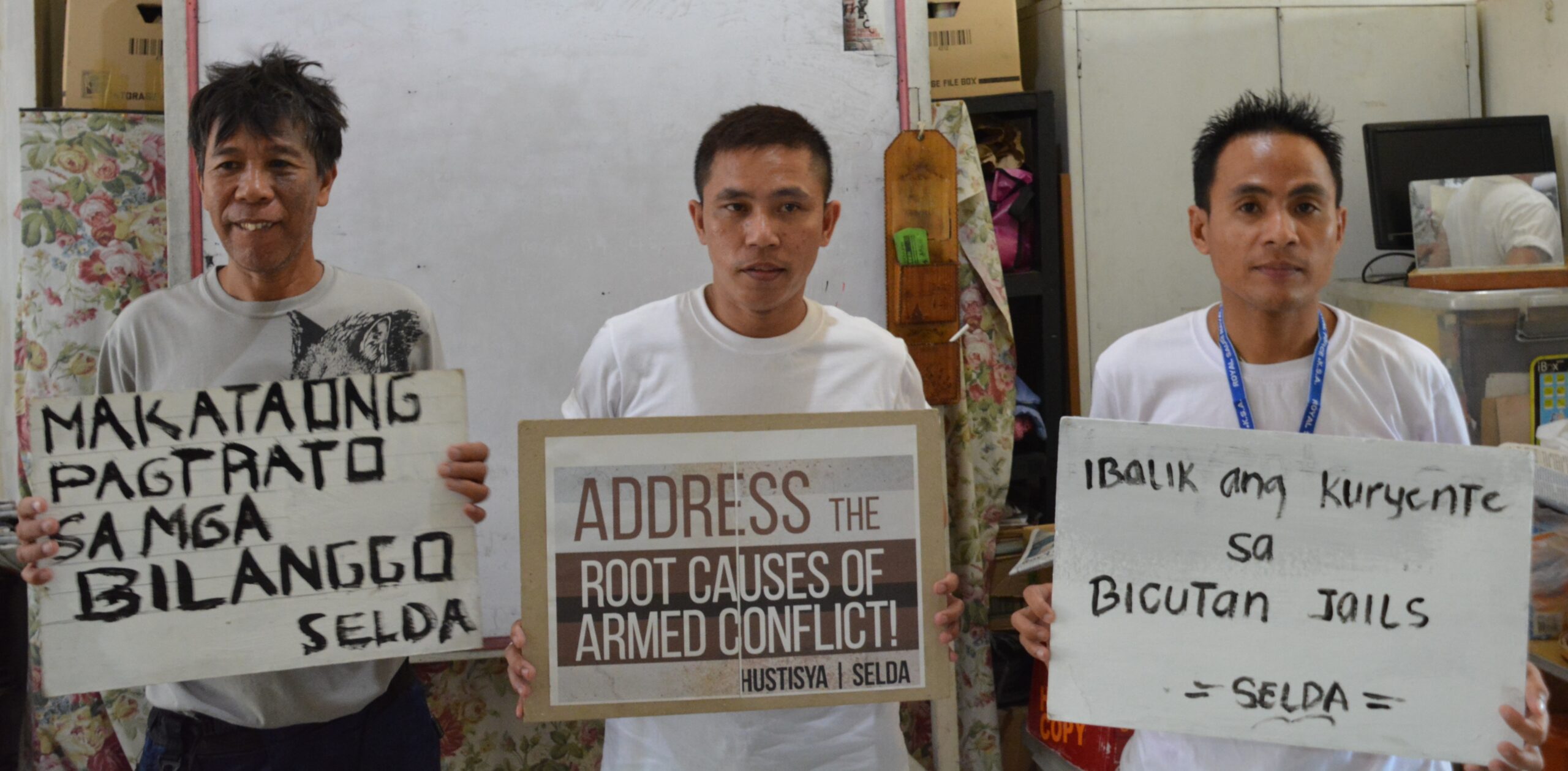 FREE MEN ALL. L-R: Jose Ceriales, Elmer Torres and Ronald Lucero. All three were released in March and April after prolonged incarceration. (Photo by Mary Angelique Tacata/Bulatlat)