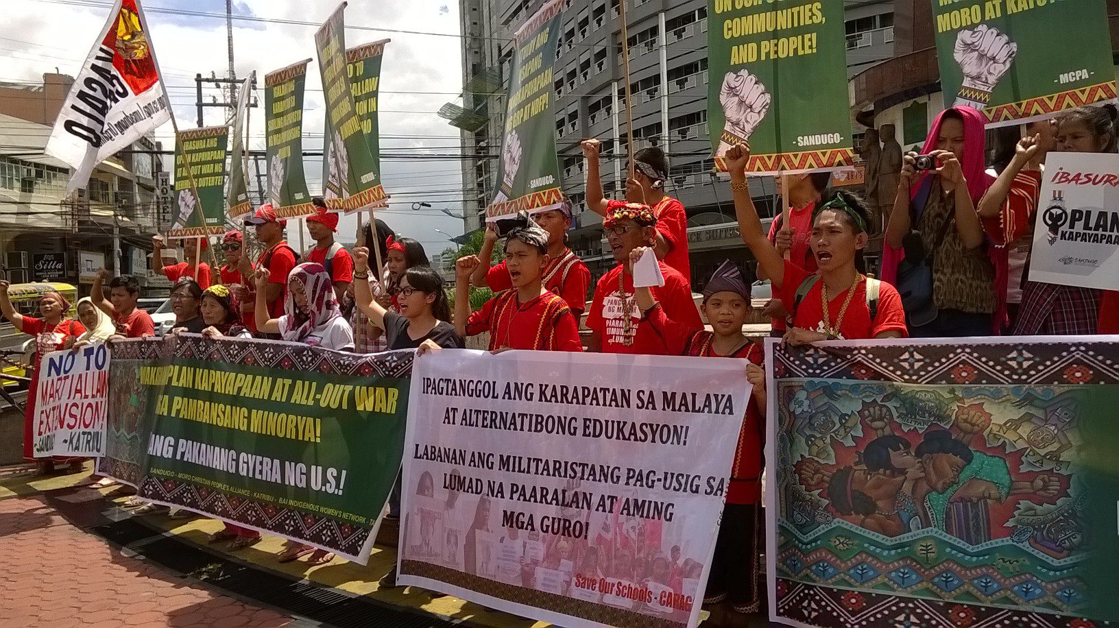Lumad students and teachers the indigenous peoples from Luzon in a protest at the Boy Scout Circle in Timog, Quezon City (Photo by Dee Ayroso/Bulatlat)