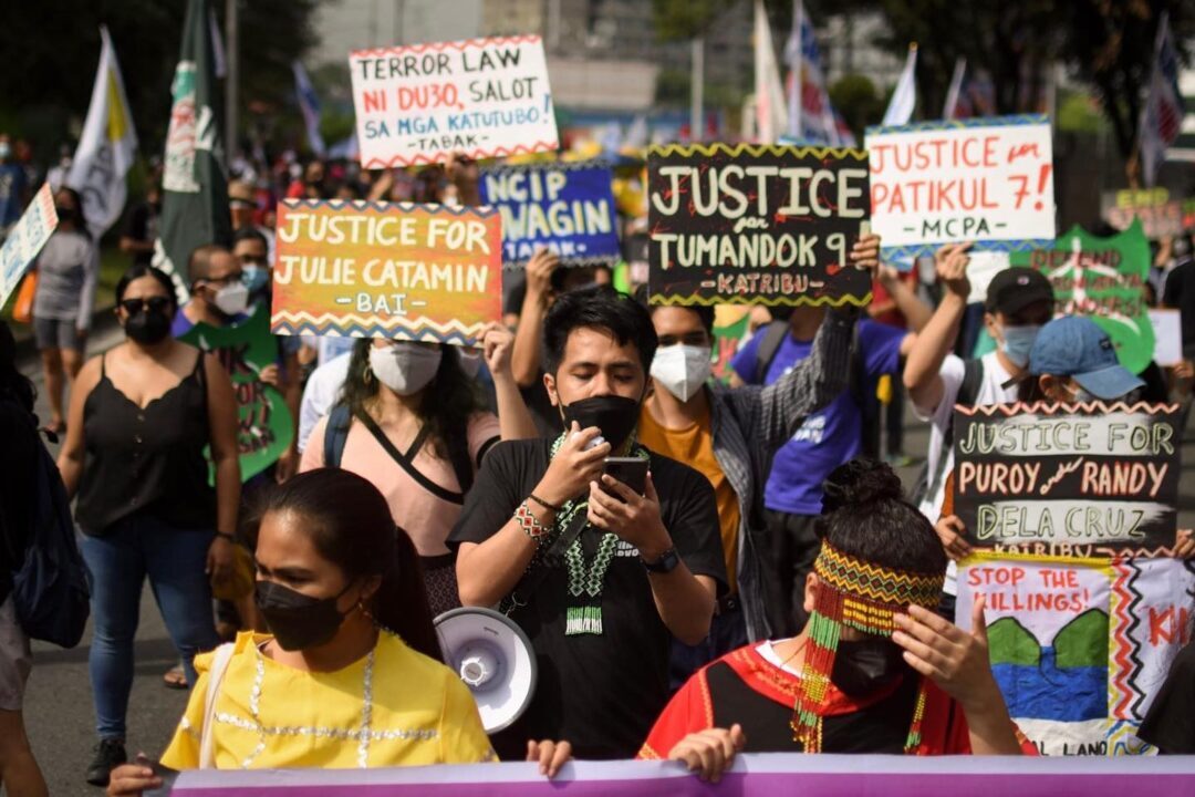 Chad Booc_Loi Manalansan Chad Booc (center) joins one of the protest actions against Anti-Terror Law in 2020. (Photo by Carlo Manalansan/Bulatlat)