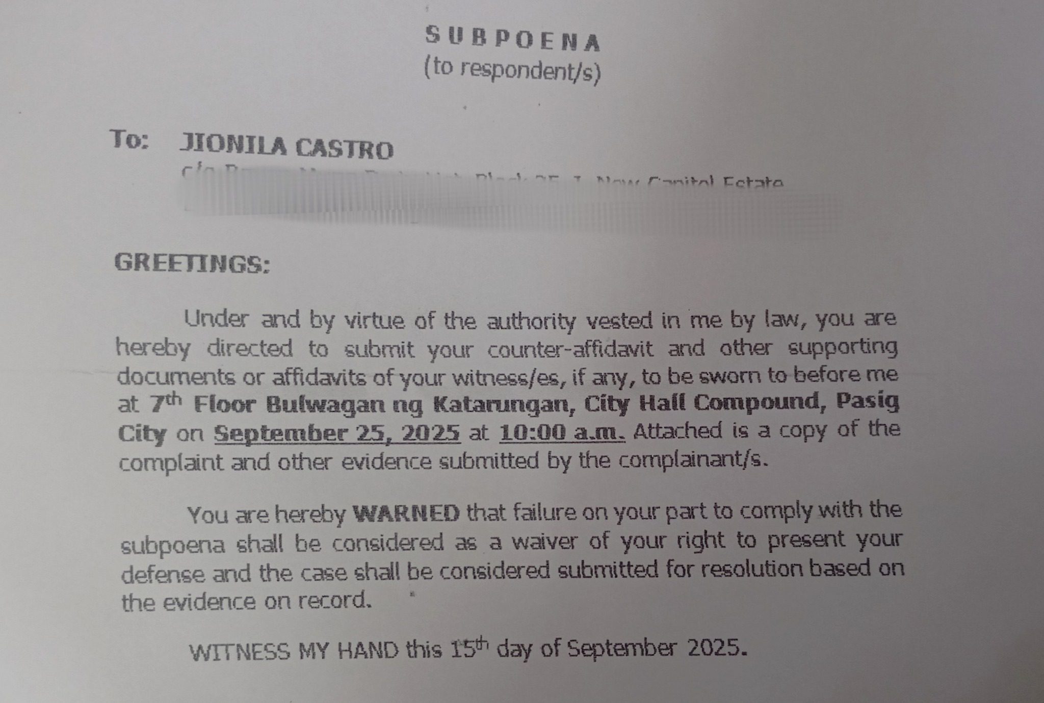 jonila castro_subpoena